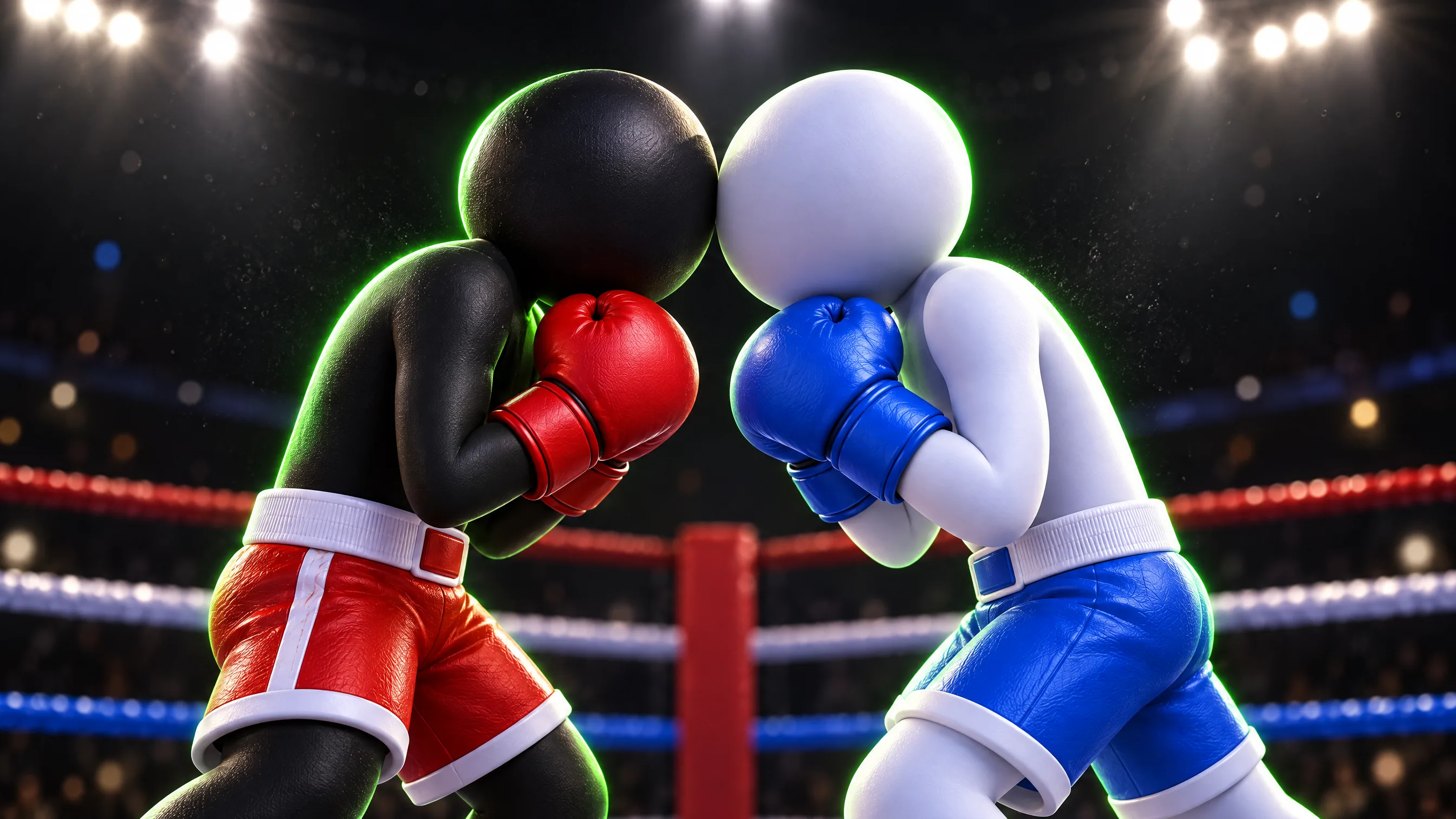 Two Stickman boxers head to head in the centre of the ring, red gloves against blue gloves