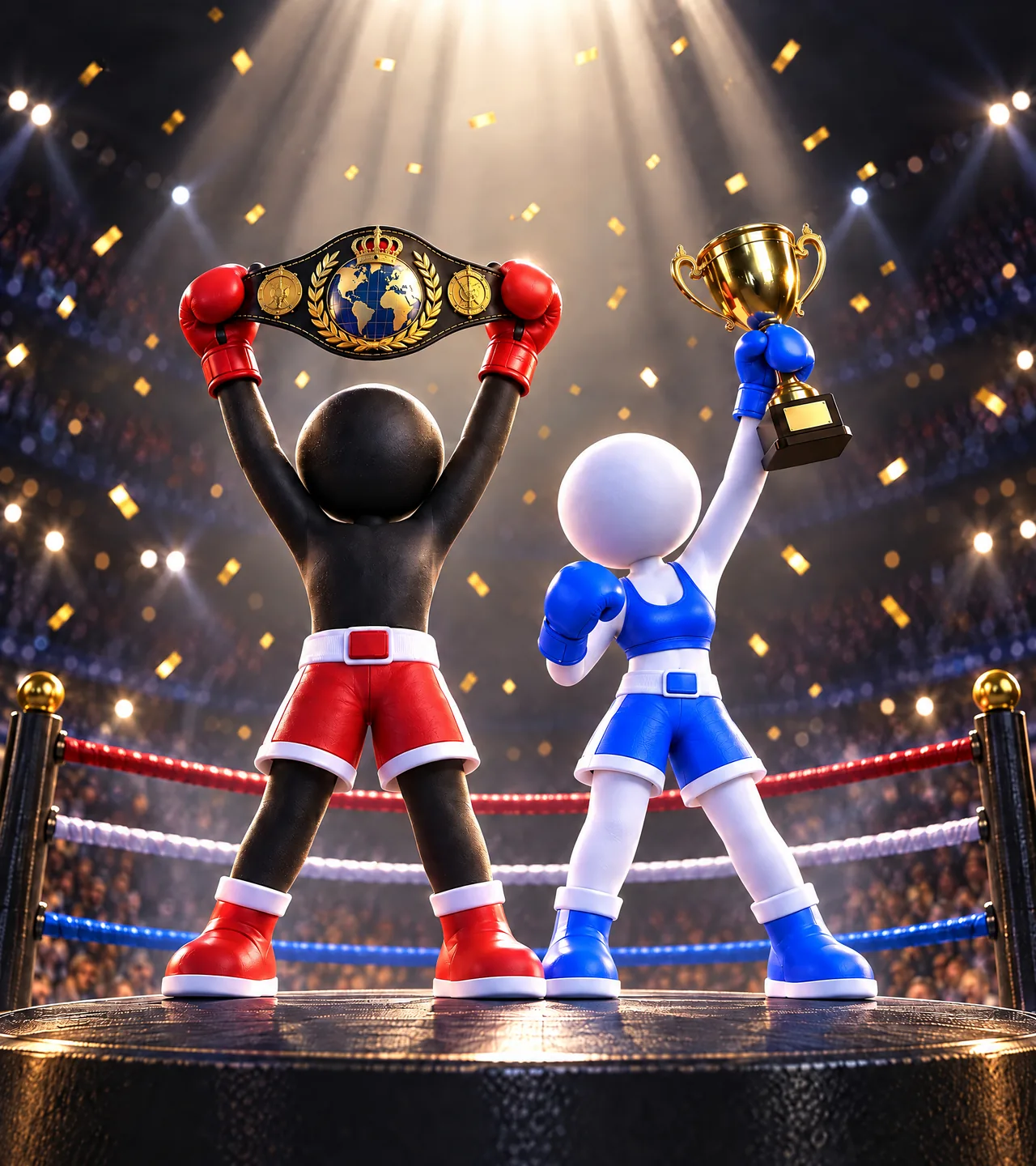 Two Stickman boxers in the ring under confetti: one raises a championship belt with both hands, the other a golden trophy